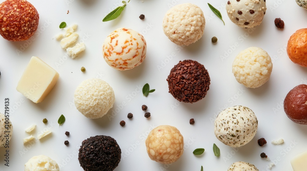 Assorted Gourmet Cheese Balls on White Background