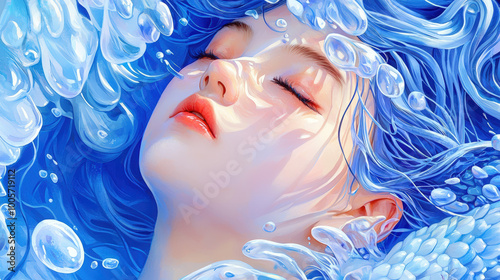 serene portrait of young woman submerged in water, surrounded by flowing blue waves and bubbles, evokes sense of tranquility and beauty