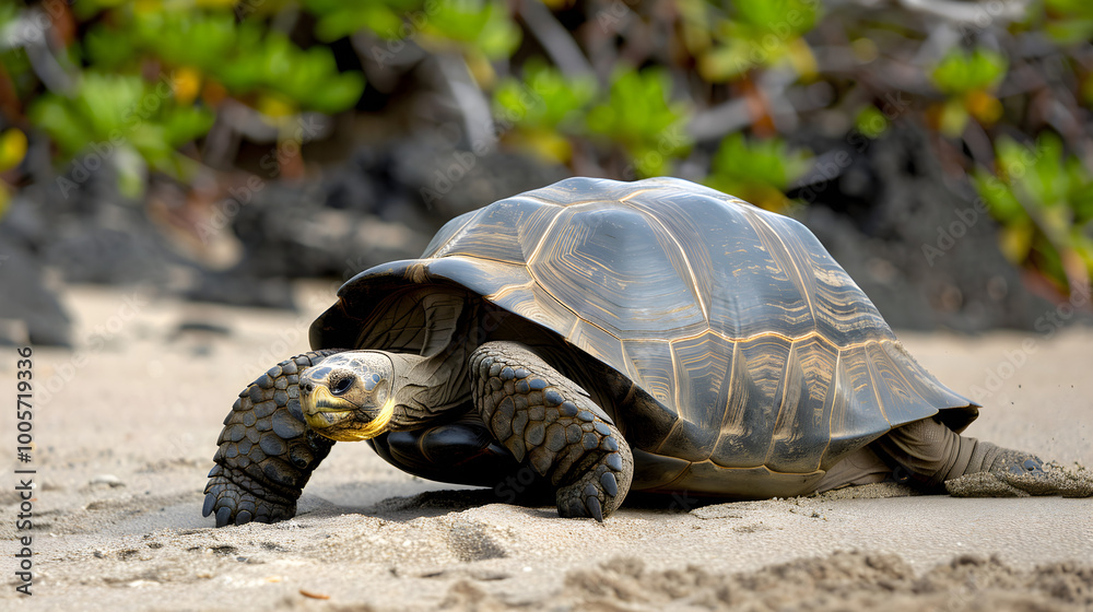 An ancient tortoise slowly moving across a serene sandy beach with ocean waves in background. An ancient tortoise slowly moving across a serene sandy beach with ocean waves in background.