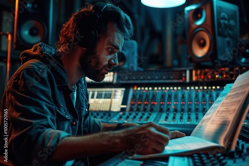 A music producer in a recording studio, flipping through a playbook of production techniques, their face showing a blend of concentration and creative inspiration. photo