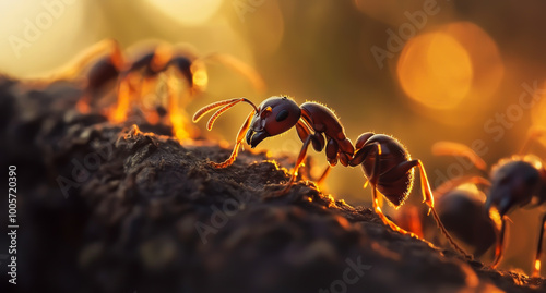 A group of red ants are on a log. The sun is shining on them, making them look like they are glowing photo