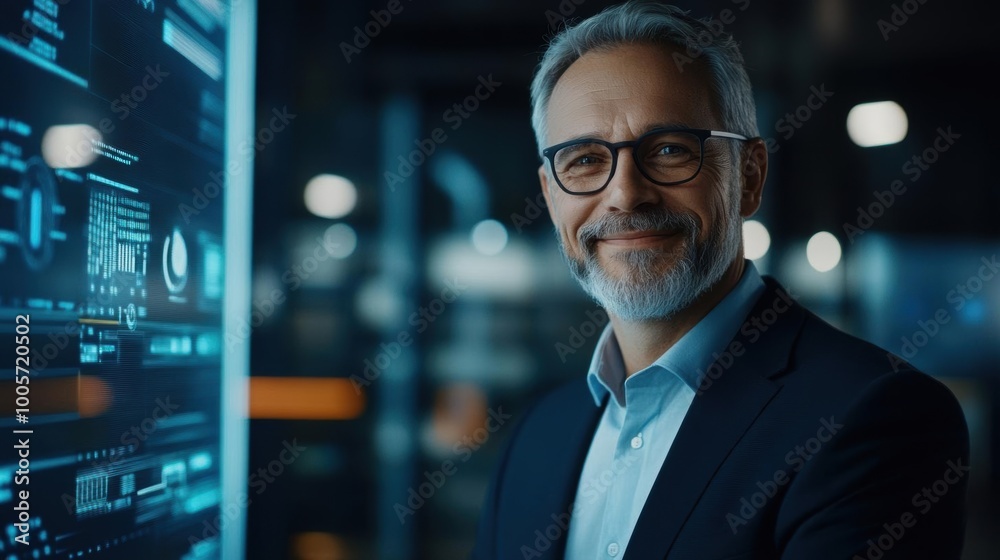Smiling businessman with gray beard standing by digital display screen, showcasing technology and innovation in modern office Smiling businessman with gray beard standing by digital display screen, showcasing technology and innovation in modern office
