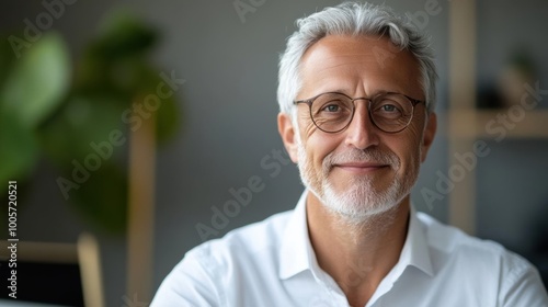 Smiling middle-aged man with glasses and gray hair in an office setting, communicating confidence and wisdom.