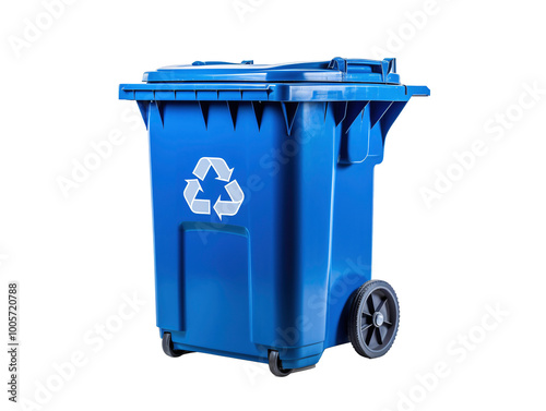 a blue recycle bin with wheels