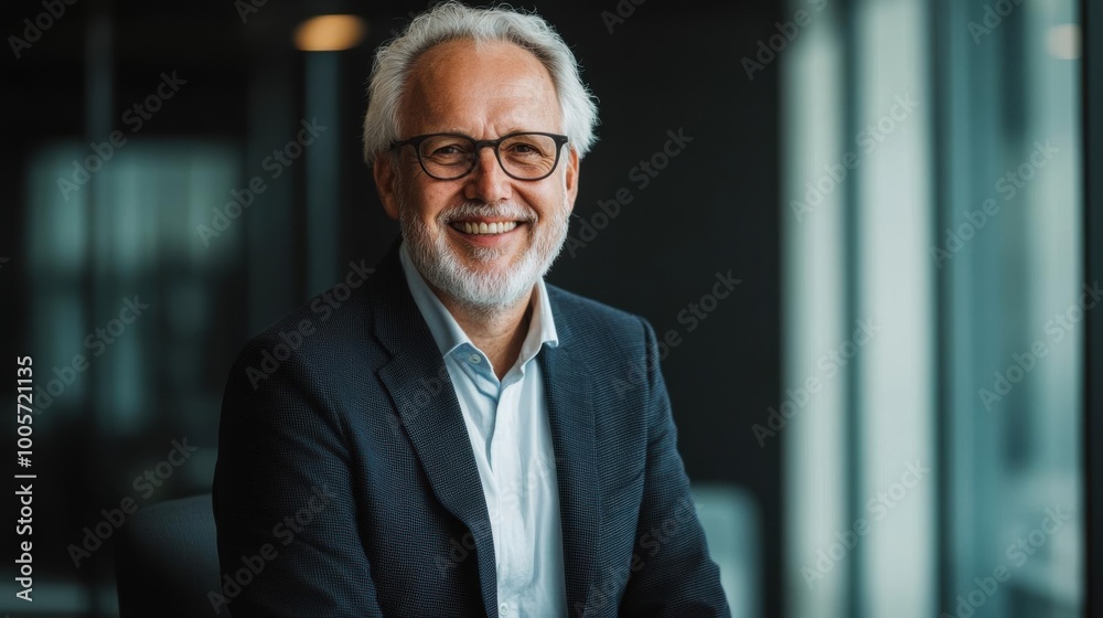 Elderly businessman with glasses, smiling confidently in a modern office setting, exuding experience and professionalism.