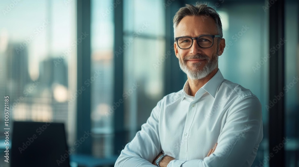 Confident business professional with glasses smiling in modern office with city view in the background.