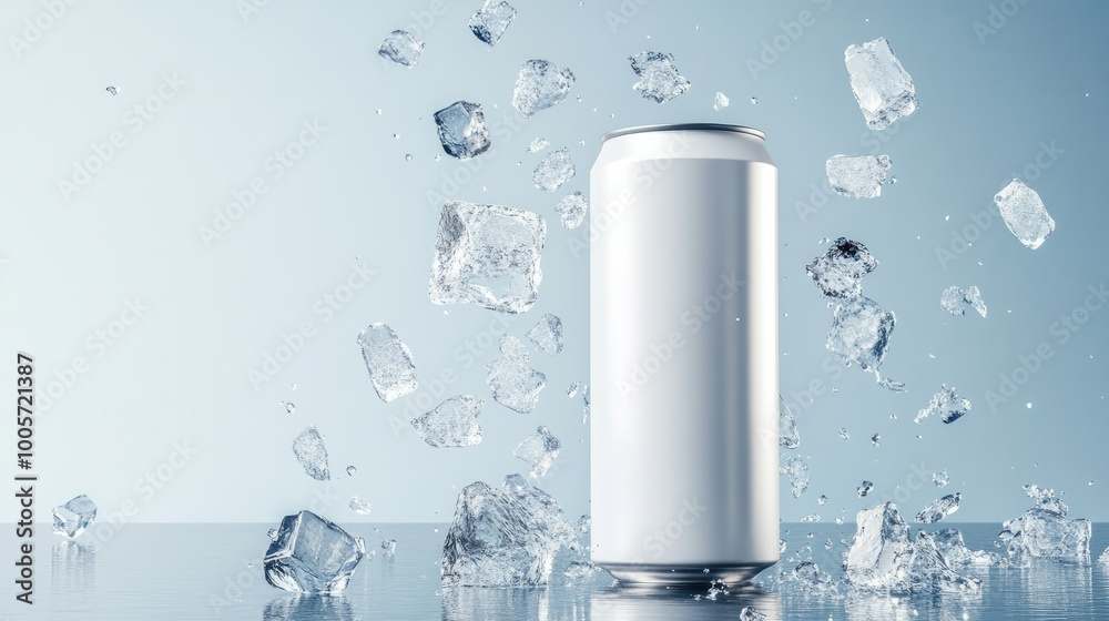 White Blank Drink Can Mockup with Ice Cubes Flying Around on Solid Background White Blank Drink Can Mockup with Ice Cubes Flying Around on Solid Background