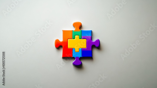 Colorful jigsaw puzzle pieces forming a square on white background