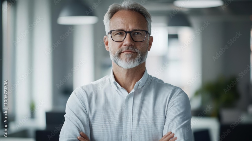Confident middle-aged man with glasses and gray beard standing in modern office space, wearing casual white shirt, demonstrating leadership. Confident middle-aged man with glasses and gray beard standing in modern office space, wearing casual white shirt, demonstrating leadership.