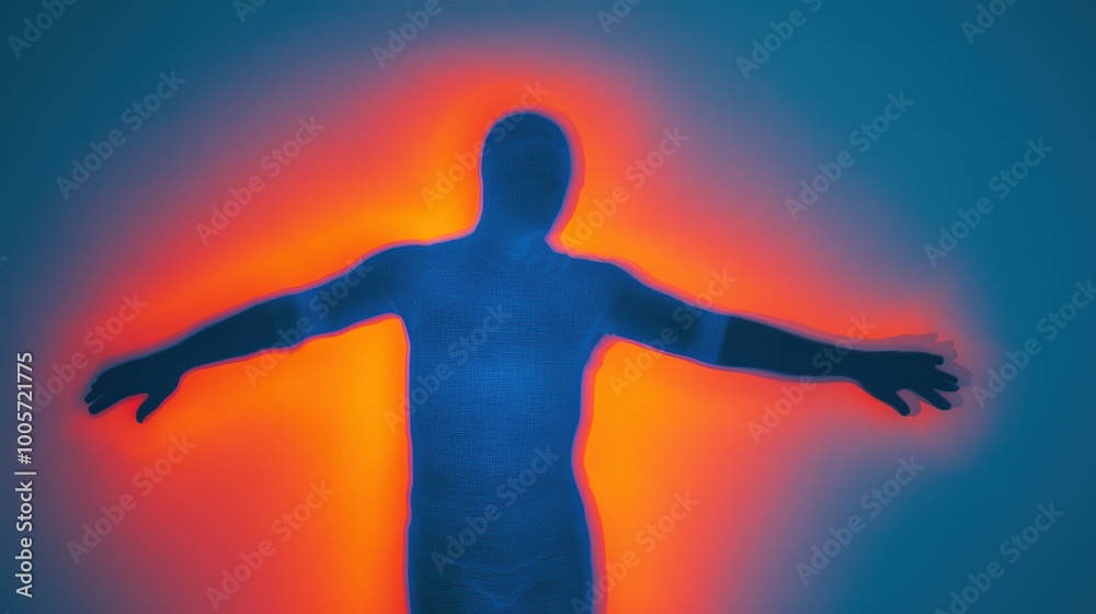 Silhouette of a person with vibrant colored aura effect.thermal camera style