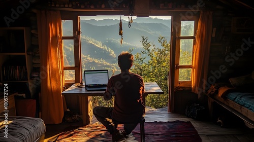 Digital nomad enjoying a peaceful morning while working remotely from a rural guesthouse