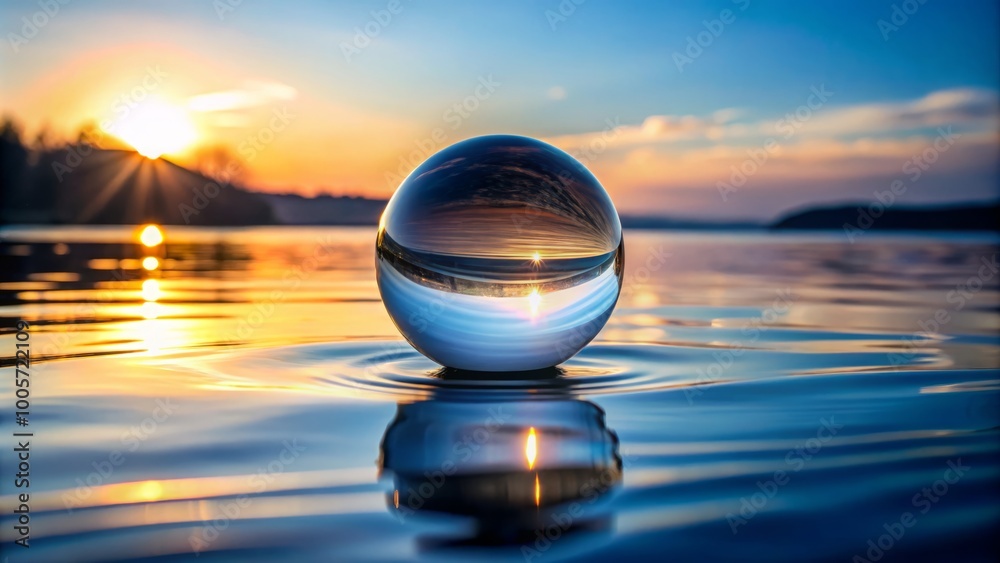 A crystal sphere floats on calm waters, creating gentle ripples and soft reflections of light, enhancing the serene, A crystal sphere floats on calm waters, creating gentle ripples and soft reflections of light, enhancing the serene,