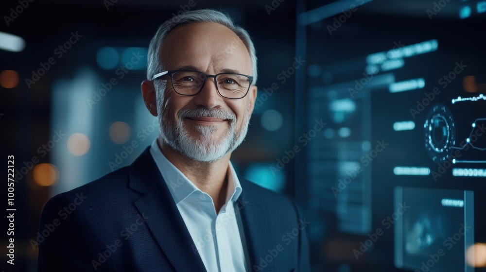Smiling professional middle-aged man with glasses and beard in a modern office setting with digital screens and technology in the background. Smiling professional middle-aged man with glasses and beard in a modern office setting with digital screens and technology in the background.