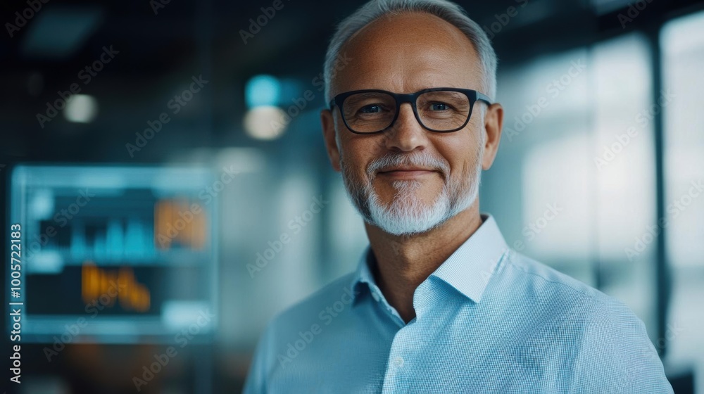 Confident senior businessman smiling in an office environment with charts and graphs in the background. Confident senior businessman smiling in an office environment with charts and graphs in the background.
