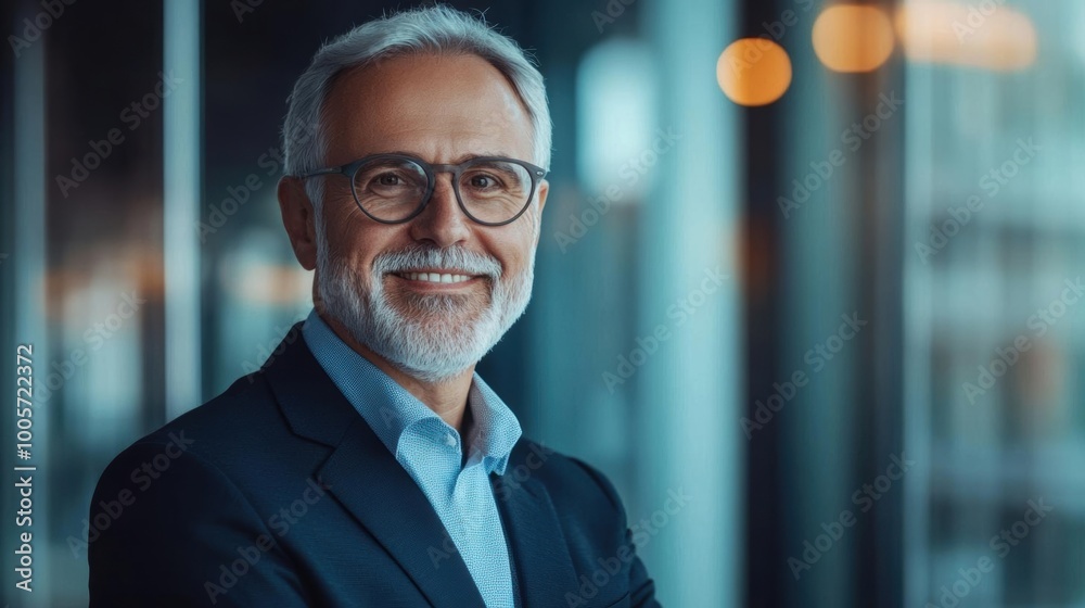 Confident senior businessman with beard and glasses smiling in modern office environment. Professional corporate portrait. Confident senior businessman with beard and glasses smiling in modern office environment. Professional corporate portrait.