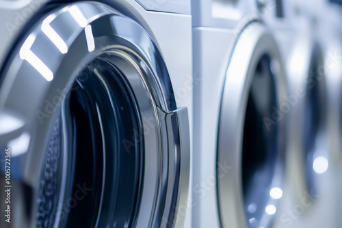 A row of white washing machines with the top one being the most visible. The other three are in the background