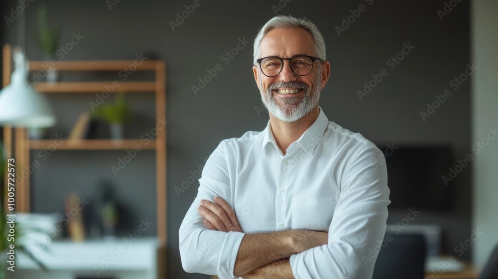 Fototapeta premium Confident senior professional with arms crossed, smiling in modern office setting, demonstrating leadership and success.
