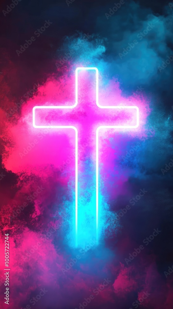 Neon Cross Glowing in Vibrant Colors of Pink and Blue Neon Cross Glowing in Vibrant Colors of Pink and Blue