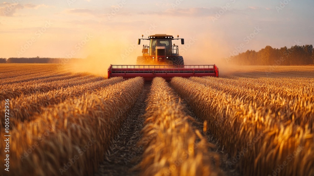 Fototapeta premium tractor at wheat field with sunset background