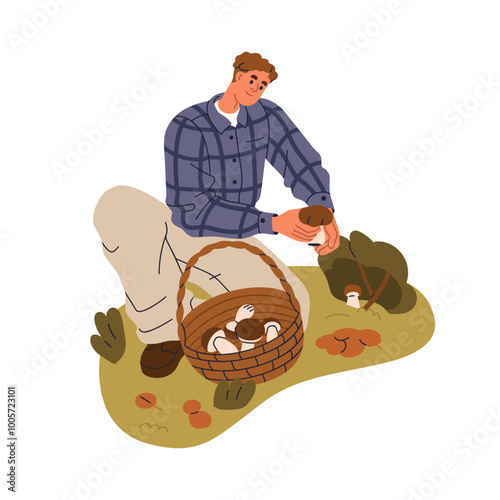 Picking mushrooms in autumn forest. Kneeling man finding fall fungi. Mushroomer gathering, collecting fresh seasonal fungus into wicker basket. Flat vector illustration isolated on white background