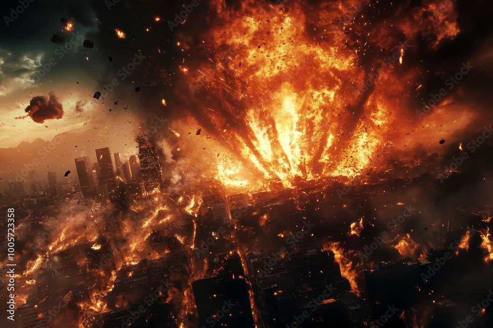 A city is destroyed by a massive explosion. The sky is dark and the city is in ruins