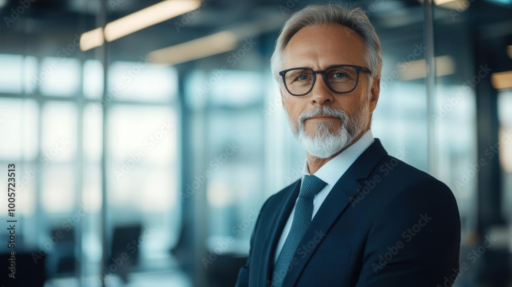 Confident senior businessman in a modern office setting, wearing a suit and glasses with a focused expression. Confident senior businessman in a modern office setting, wearing a suit and glasses with a focused expression.