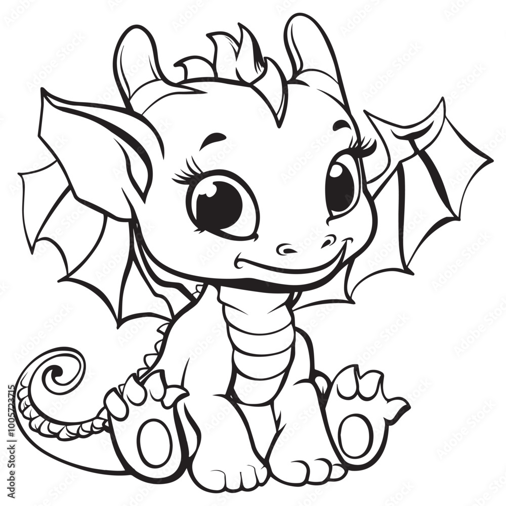 Obraz premium Baby Cute Dragon Outline Design - Dragon vector illustration in black and white