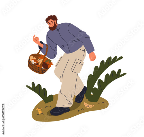 Mushroom picker searching for fungi in autumn forest. Man walking, foraging, enjoying fall nature. Mushroomer gathering, collecting fungus. Flat vector illustration isolated on white background