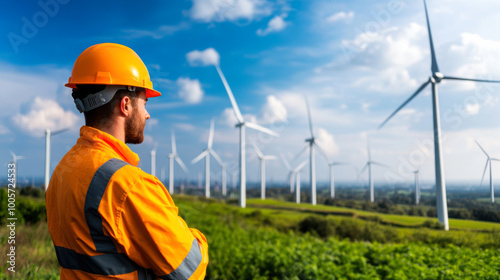 Engineer observing wind turbines in landscape