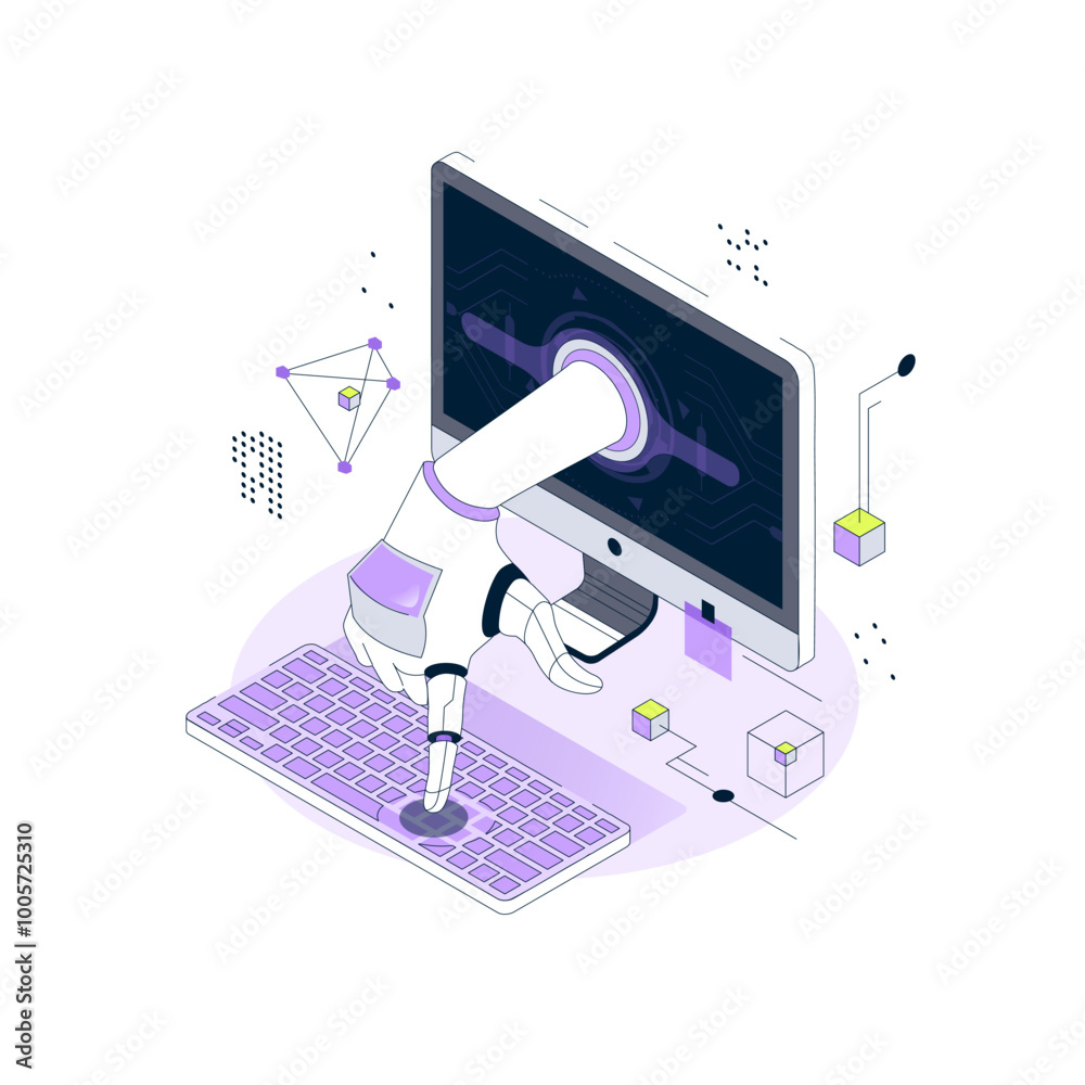 Robot Arm appears from the Computer Monitor. Concept of artificial intelligence Assistance to humans. Ai Help. Isometric vector illustration Robot Arm appears from the Computer Monitor. Concept of artificial intelligence Assistance to humans. Ai Help. Isometric vector illustration