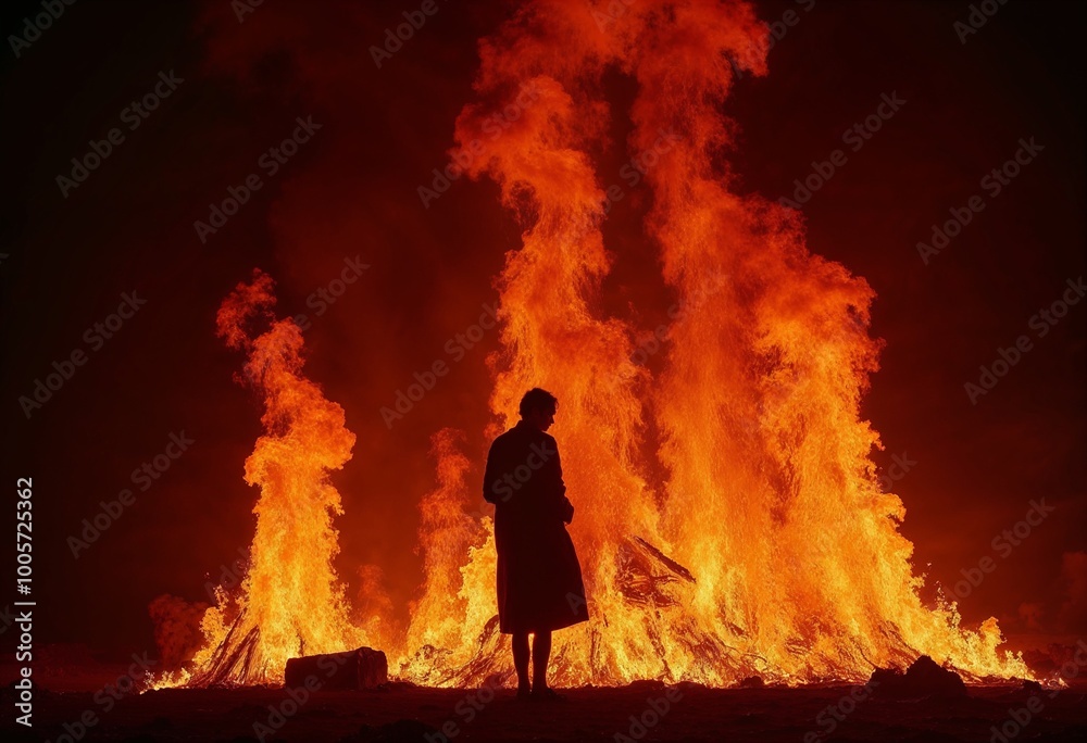 Silhouette of a person in a contemplative mood standing near a roaring fire at night Silhouette of a person in a contemplative mood standing near a roaring fire at night