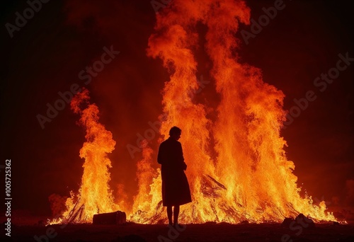 Silhouette of a person in a contemplative mood standing near a roaring fire at night