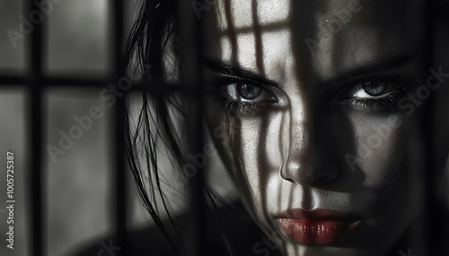 A woman behind bars, plotting revenge with a sinister grin, light casting shadows across her face, on a pale grey background photo