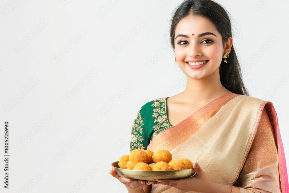 young indian woman holding sweet plate on white background