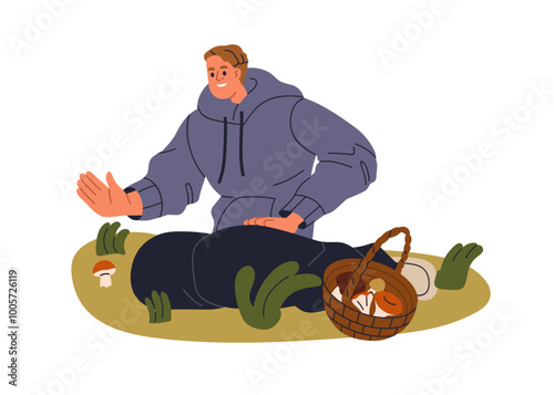 Mushroom picker in autumn forest. Happy man finding and collecting boletus fungus. Mushroomer with basket, foraging and gathering seasonal fungi. Flat vector illustration isolated on white background