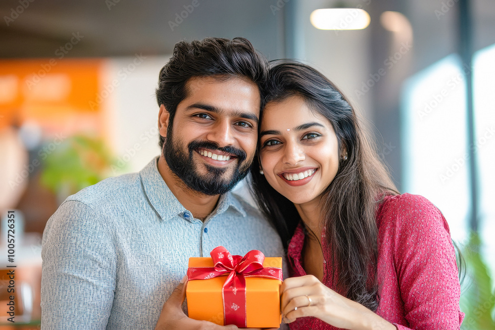 young indian couple holding gift box at office young indian couple holding gift box at office