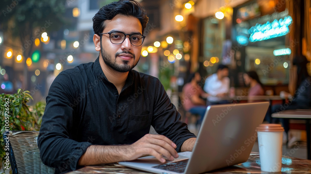 A young entrepreneur working on a laptop in a modern cafe, representing the rise of startups in Pakistan