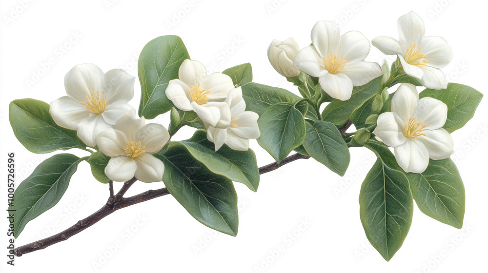 Obraz premium Beautiful branch with white flowers and green leaves, perfect for spring themes, floral decorations, or nature-inspired designs.