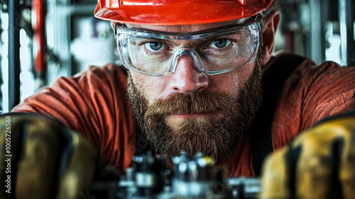 Focused worker in safety gear, intense expression