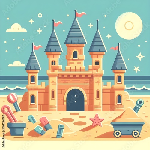 A colorful beach scene featuring a detailed sandcastle surrounded by palm trees, beach toys, and seagulls under a bright sun