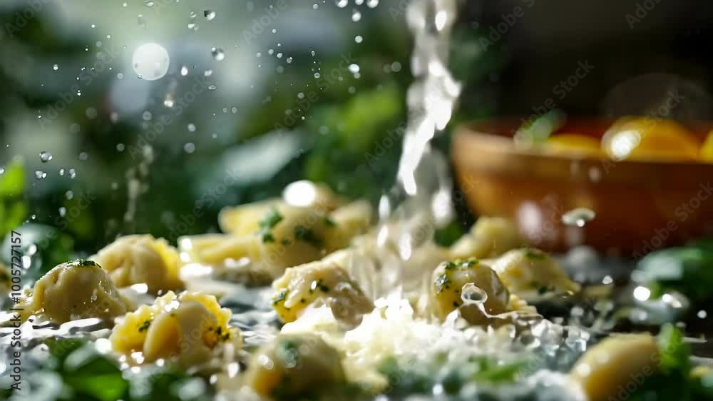 Slow Motion Splashing Water on Fresh Ravioli with Herbs and Cheese Slow Motion Splashing Water on Fresh Ravioli with Herbs and Cheese