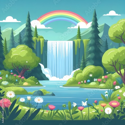A breathtaking waterfall flows into a calm body of water, surrounded by lush trees and colorful flowers, with a rainbow arching overhead in a peaceful wilderness.