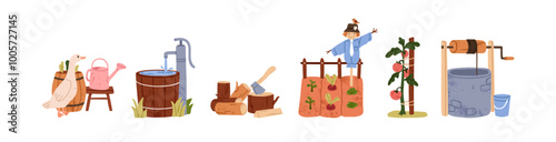 Farm, countryside scenes set. Agriculture, village life with water pump, chopping wood with axe, scarecrow at vegetable garden, well. Rural flat vector illustration isolated on white background