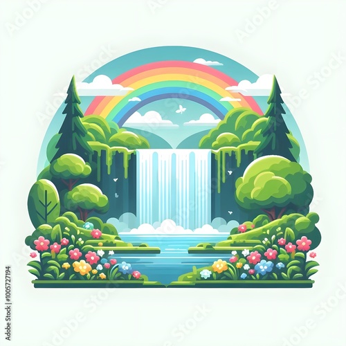 A breathtaking waterfall flows into a calm body of water, surrounded by lush trees and colorful flowers, with a rainbow arching overhead in a peaceful wilderness.
