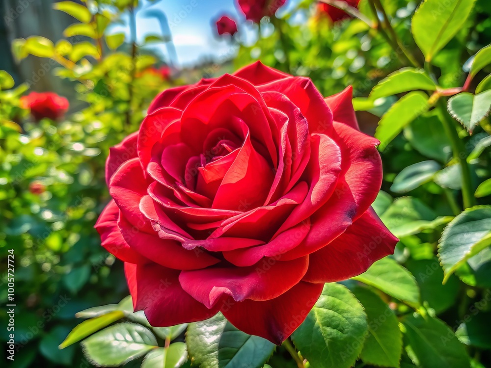 Amidst lush green foliage, a vivid red rose bursts into full bloom, illuminated by the sun's rays on Amidst lush green foliage, a vivid red rose bursts into full bloom, illuminated by the sun's rays on