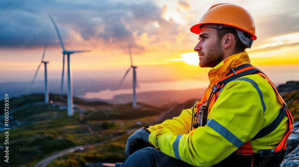 Wind turbine technician at sunset. Wind turbine technician at sunset.
