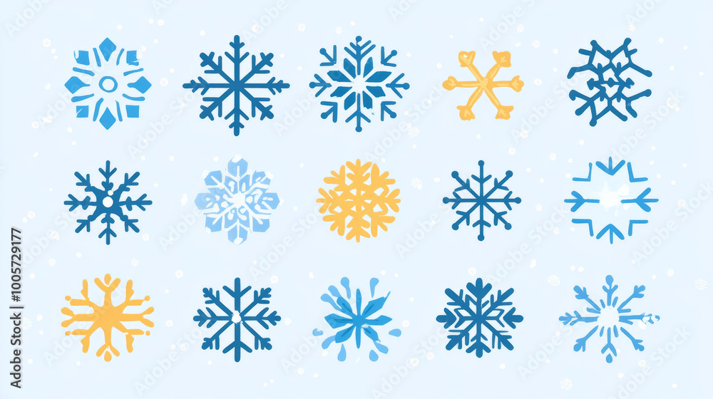 A collection of snowflake icons for winter designs. These illustrations are perfect for websites, social media, or printed materials. A collection of snowflake icons for winter designs. These illustrations are perfect for websites, social media, or printed materials.