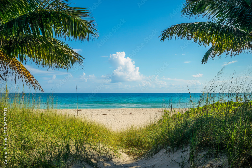 A beach with palm trees and a clear blue sky. The beach is empty and the grass is tall A beach with palm trees and a clear blue sky. The beach is empty and the grass is tall