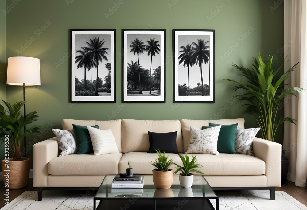 A modern living room with a beige sofa, a black coffee table, and three framed black and white photographs of palm trees on the wall. A modern living room with a beige sofa, a black coffee table, and three framed black and white photographs of palm trees on the wall.