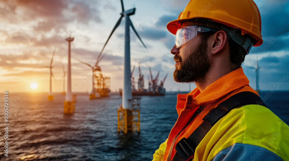 Worker at offshore wind farm during sunset. Worker at offshore wind farm during sunset.